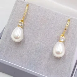 Lace & Favour Bridesmaid Gifts | Bride Gifts*Dolci Gold Crystal Embellished Teardrop Pearl Earrings Ivory/ Gold