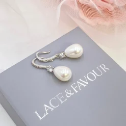Lace & Favour Bridesmaid Gifts | Bride Gifts*Dolci Silver Crystal Embellished Teardrop Pearl Earrings Ivory/ Silver