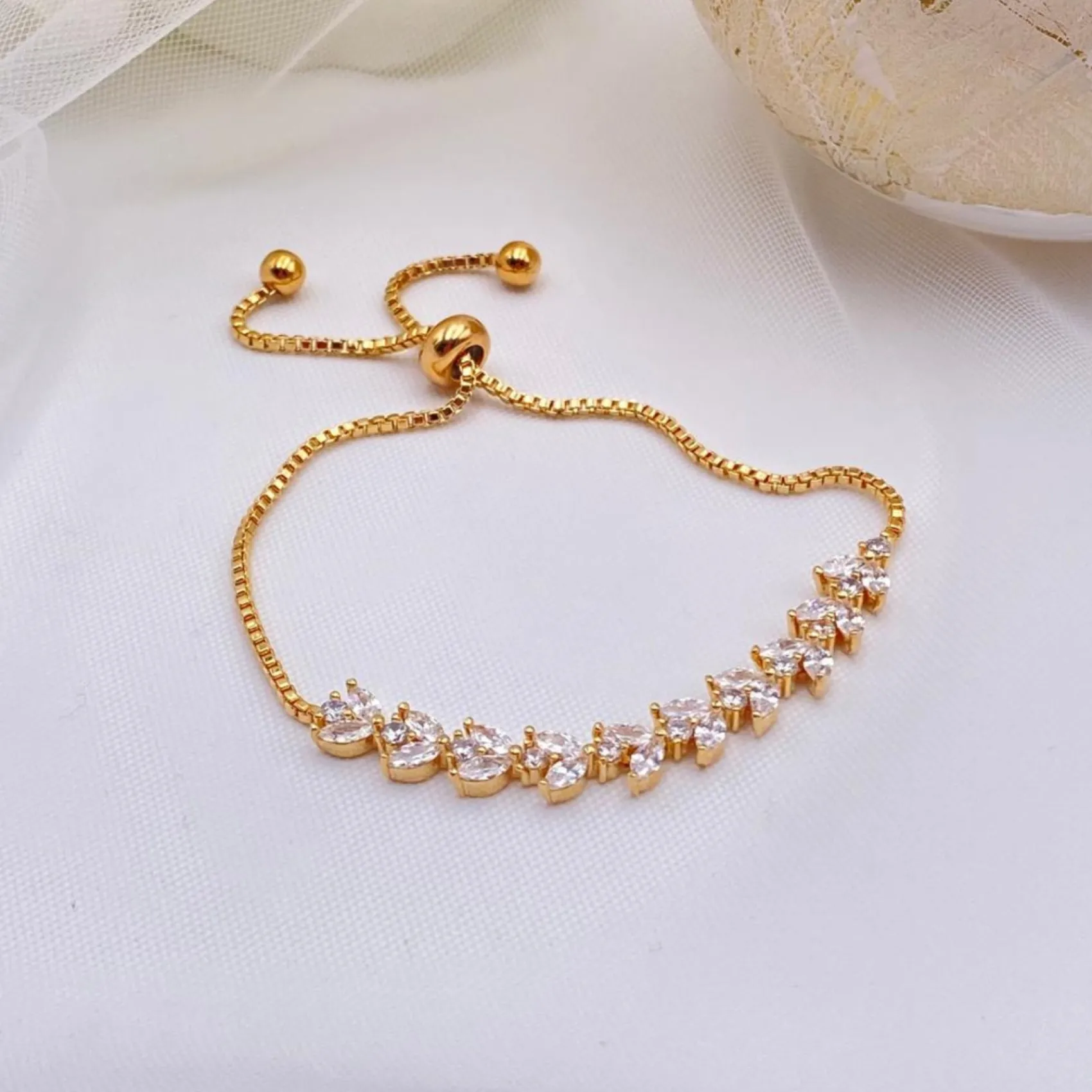 Lace & Favour Gold Prom Jewellery | Prom Bracelets*Dotty Gold Crystal Leaves Adjustable Bracelet