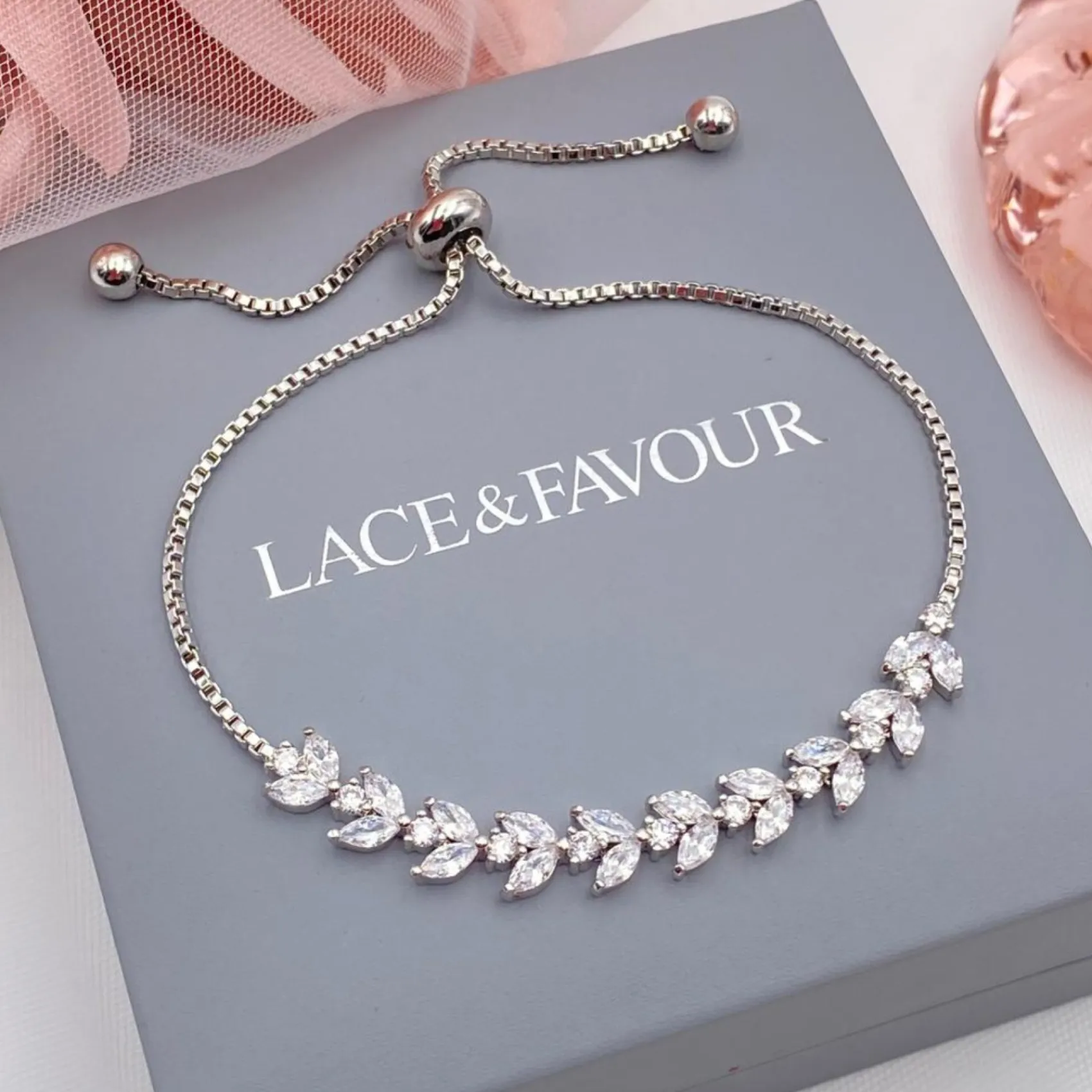 Lace & Favour Silver Prom Jewellery | Prom Bracelets*Dotty Silver Crystal Leaves Adjustable Bracelet