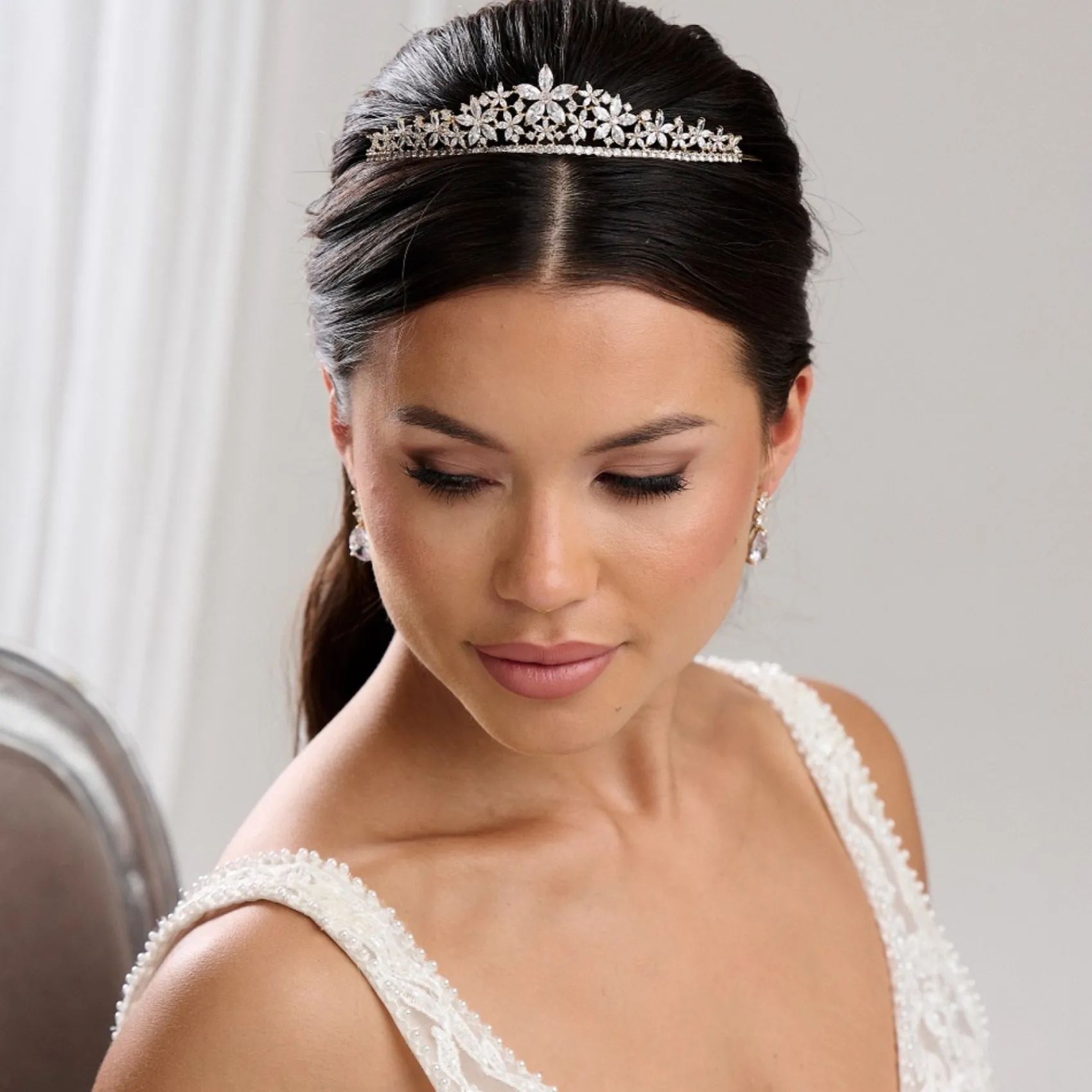 Lace & Favour Prom Headbands & Tiaras | Crystal Hair Accessories*Downton Floral Cubic Zirconia Crystal Wedding Tiara Gold