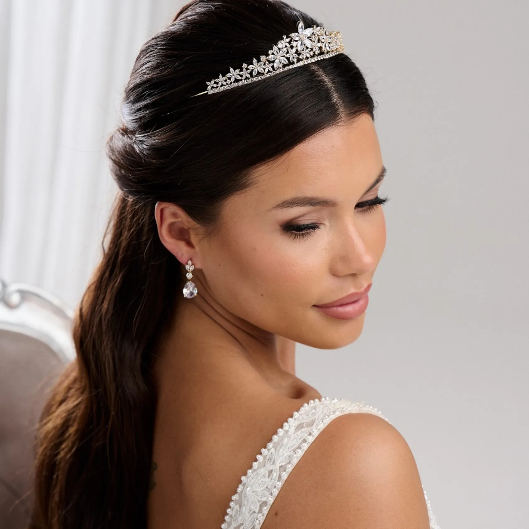 Lace & Favour Prom Headbands & Tiaras | Crystal Hair Accessories*Downton Floral Cubic Zirconia Crystal Wedding Tiara Gold