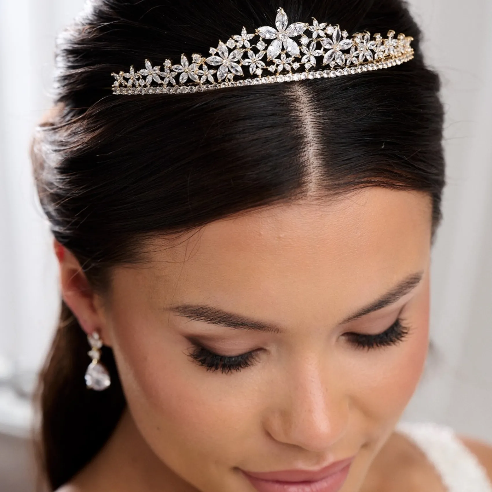 Lace & Favour Prom Headbands & Tiaras | Crystal Hair Accessories*Downton Floral Cubic Zirconia Crystal Wedding Tiara Gold