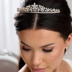 Lace & Favour Prom Headbands & Tiaras | Crystal Hair Accessories*Downton Floral Cubic Zirconia Crystal Wedding Tiara Gold