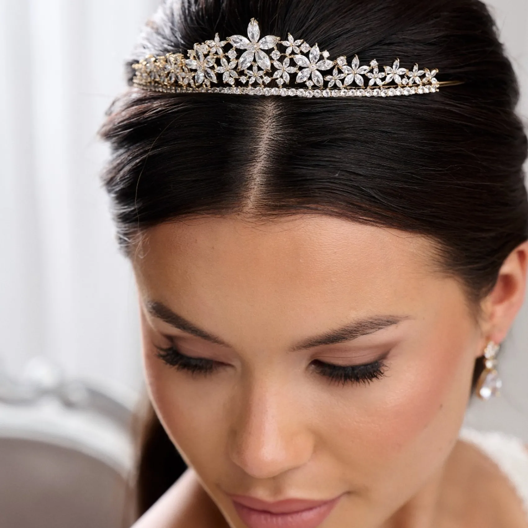 Lace & Favour Prom Headbands & Tiaras | Crystal Hair Accessories*Downton Floral Cubic Zirconia Crystal Wedding Tiara Gold