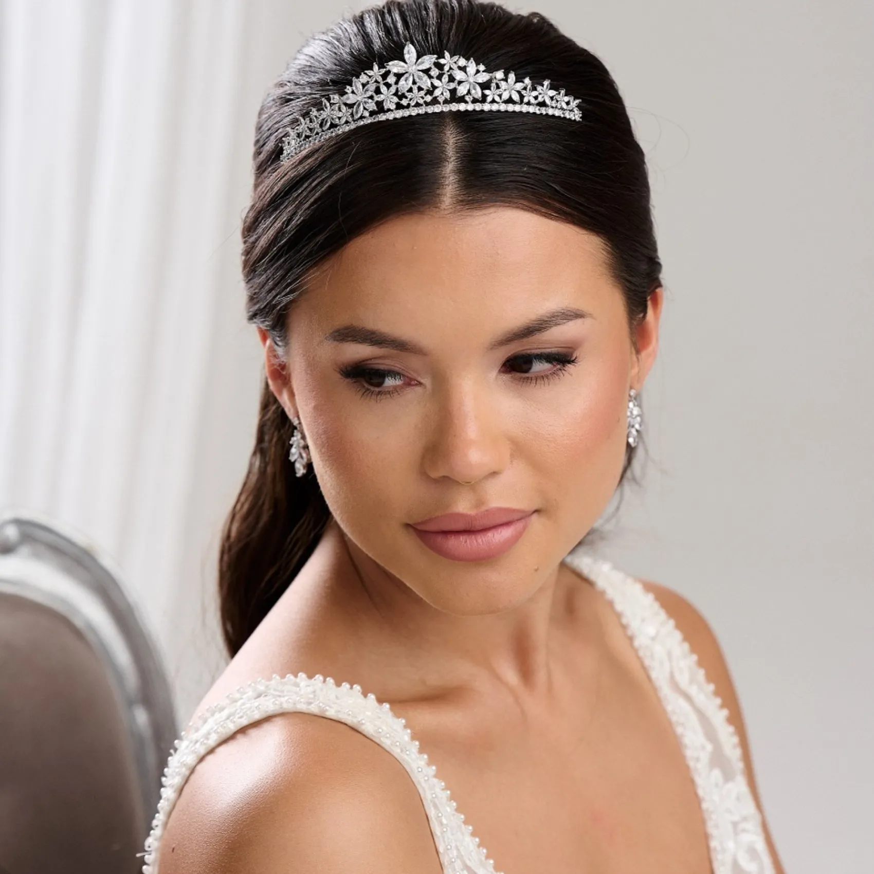 Lace & Favour Prom Headbands & Tiaras | Crystal Hair Accessories*Downton Floral Cubic Zirconia Crystal Wedding Tiara Silver
