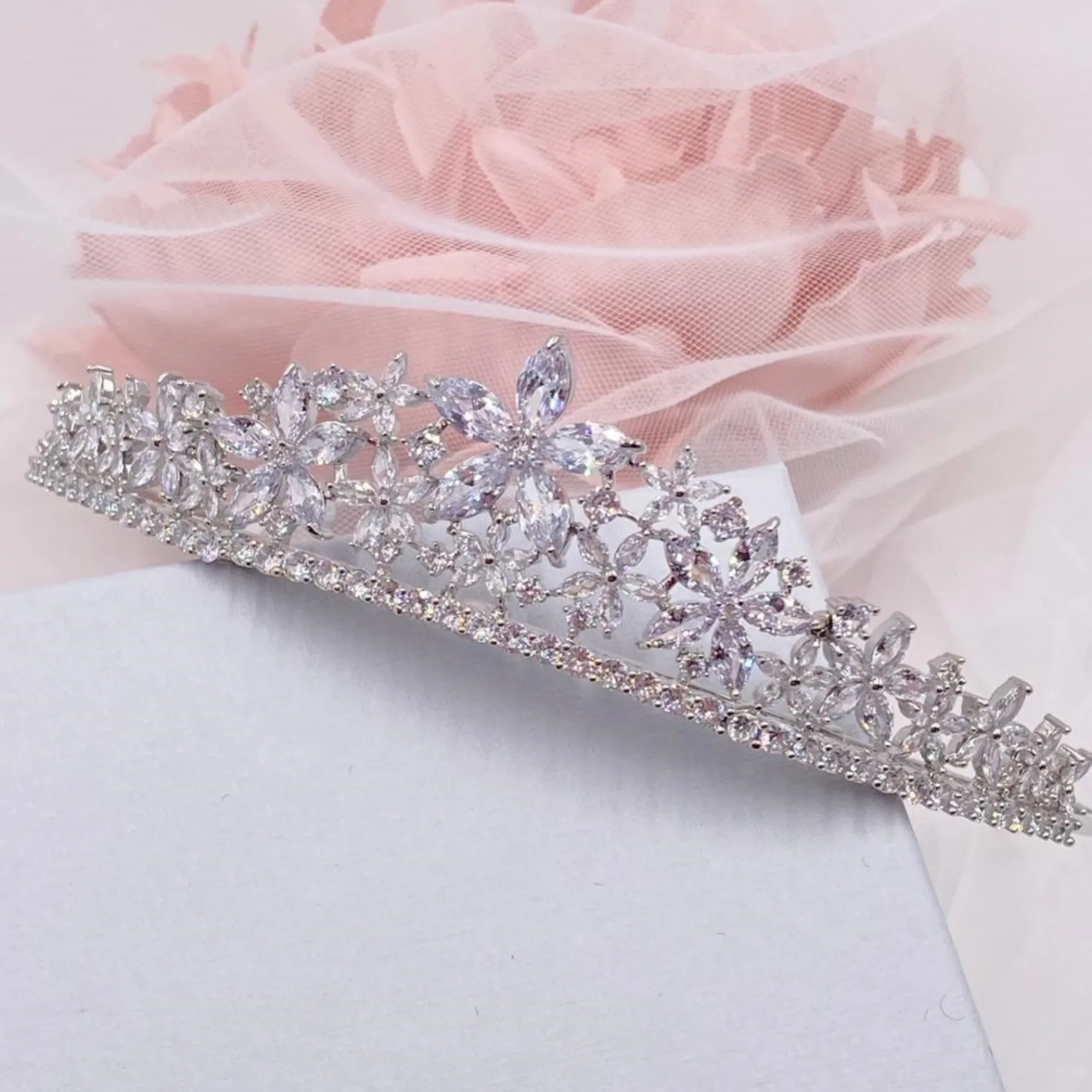 Lace & Favour Prom Headbands & Tiaras | Crystal Hair Accessories*Downton Floral Cubic Zirconia Crystal Wedding Tiara Silver
