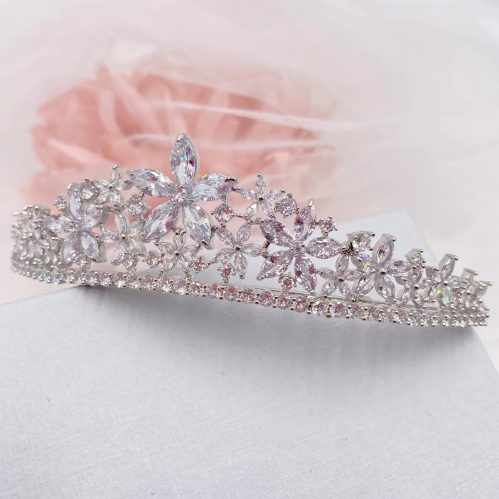 Lace & Favour Prom Headbands & Tiaras | Crystal Hair Accessories*Downton Floral Cubic Zirconia Crystal Wedding Tiara Silver