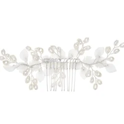 Lace & Favour Pearl Hair Accessories | Silver Hair Accessories*Edelweiss Ivory Porcelain Flowers and Pearl Wedding Hair Comb Ivory/ Silver