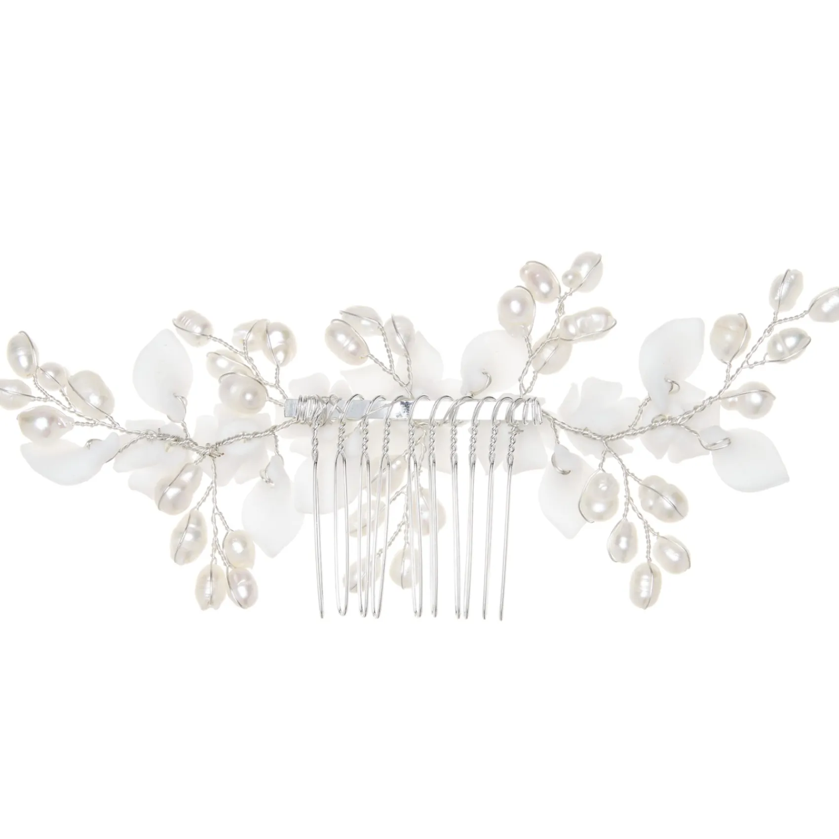 Lace & Favour Pearl Hair Accessories | Silver Hair Accessories*Edelweiss Ivory Porcelain Flowers and Pearl Wedding Hair Comb Ivory/ Silver