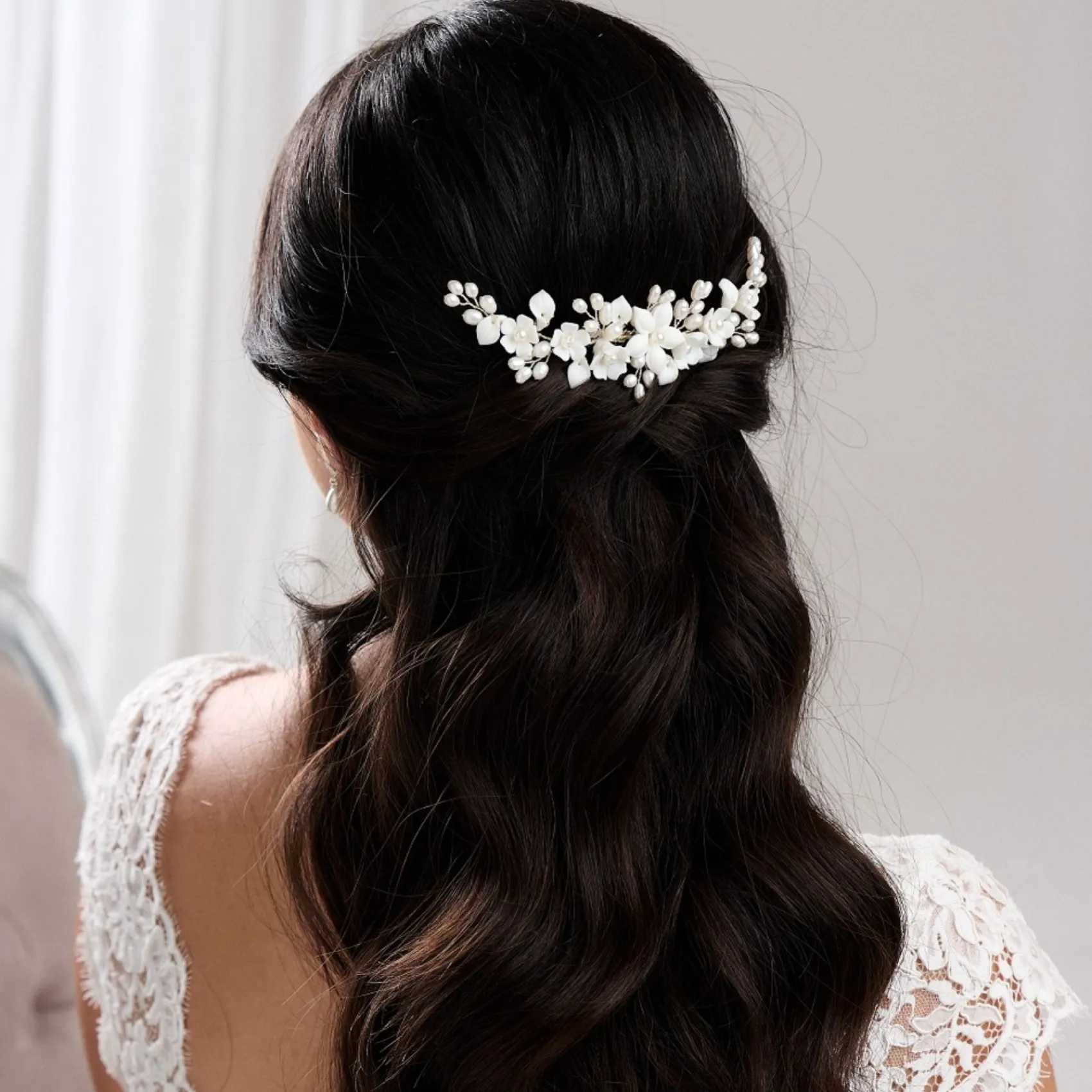 Lace & Favour Pearl Hair Accessories | Silver Hair Accessories*Edelweiss Ivory Porcelain Flowers and Pearl Wedding Hair Comb Ivory/ Silver
