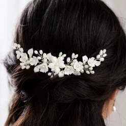Lace & Favour Pearl Hair Accessories | Silver Hair Accessories*Edelweiss Ivory Porcelain Flowers and Pearl Wedding Hair Comb Ivory/ Silver