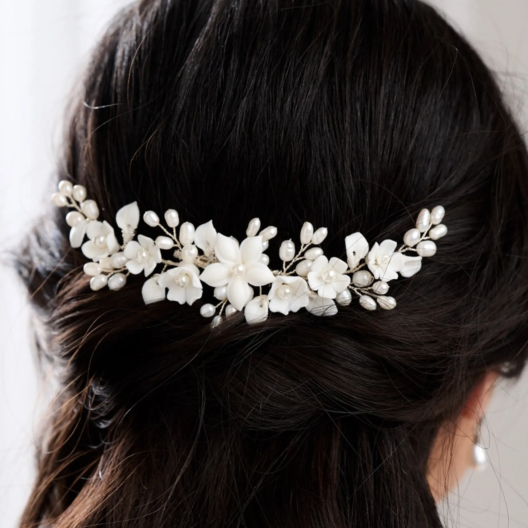 Lace & Favour Pearl Hair Accessories | Silver Hair Accessories*Edelweiss Ivory Porcelain Flowers and Pearl Wedding Hair Comb Ivory/ Silver