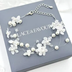 Beads & Beyond Pearl Jewellery | Silver Wedding Jewellery*Elfin Illusion Pearl and Crystal Flower Bracelet Ivory/ Silver