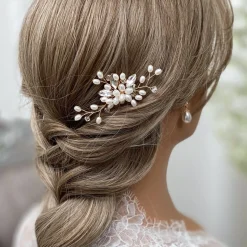 Lace & Favour Pearl Hair Accessories | Gold Hair Accessories*Ellie Pearl Cluster and Crystal Wedding Hair Pin (Gold) Ivory/ Gold