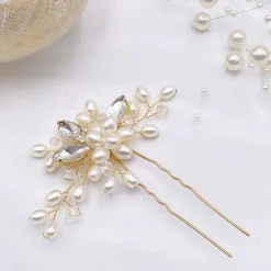 Lace & Favour Pearl Hair Accessories | Gold Hair Accessories*Ellie Pearl Cluster and Crystal Wedding Hair Pin (Gold) Ivory/ Gold