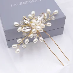 Lace & Favour Pearl Hair Accessories | Gold Hair Accessories*Ellie Pearl Cluster and Crystal Wedding Hair Pin (Gold) Ivory/ Gold