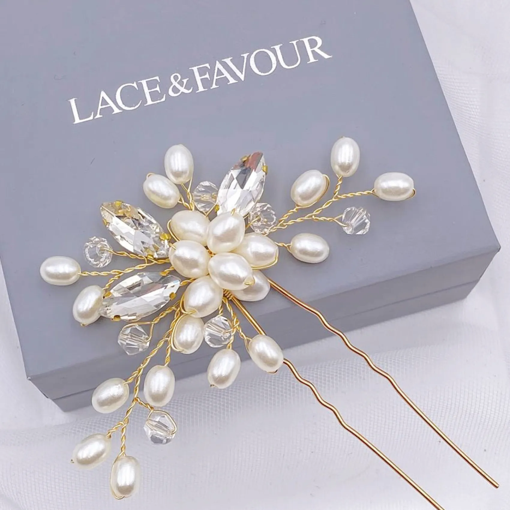 Lace & Favour Pearl Hair Accessories | Gold Hair Accessories*Ellie Pearl Cluster and Crystal Wedding Hair Pin (Gold) Ivory/ Gold