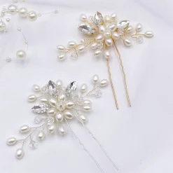 Lace & Favour Pearl Hair Accessories | Gold Hair Accessories*Ellie Pearl Cluster and Crystal Wedding Hair Pin (Gold) Ivory/ Gold