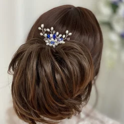 Lace & Favour Something Blue Gifts | Pearl Hair Accessories*Ellie Pearl Cluster Wedding Hair Pin (Sapphire) Ivory/ Sapphire/ Silver