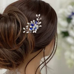 Lace & Favour Something Blue Gifts | Pearl Hair Accessories*Ellie Pearl Cluster Wedding Hair Pin (Sapphire) Ivory/ Sapphire/ Silver