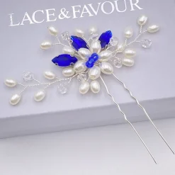 Lace & Favour Something Blue Gifts | Pearl Hair Accessories*Ellie Pearl Cluster Wedding Hair Pin (Sapphire) Ivory/ Sapphire/ Silver