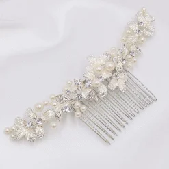 Twilight Designs Pearl Hair Accessories | Silver Hair Accessories*Ellis Dainty Silver Leaves and Pearl Hair Comb Ivory/ Silver