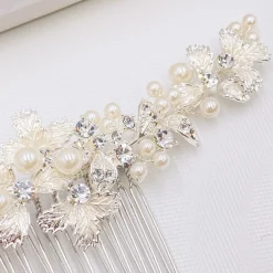 Twilight Designs Pearl Hair Accessories | Silver Hair Accessories*Ellis Dainty Silver Leaves and Pearl Hair Comb Ivory/ Silver