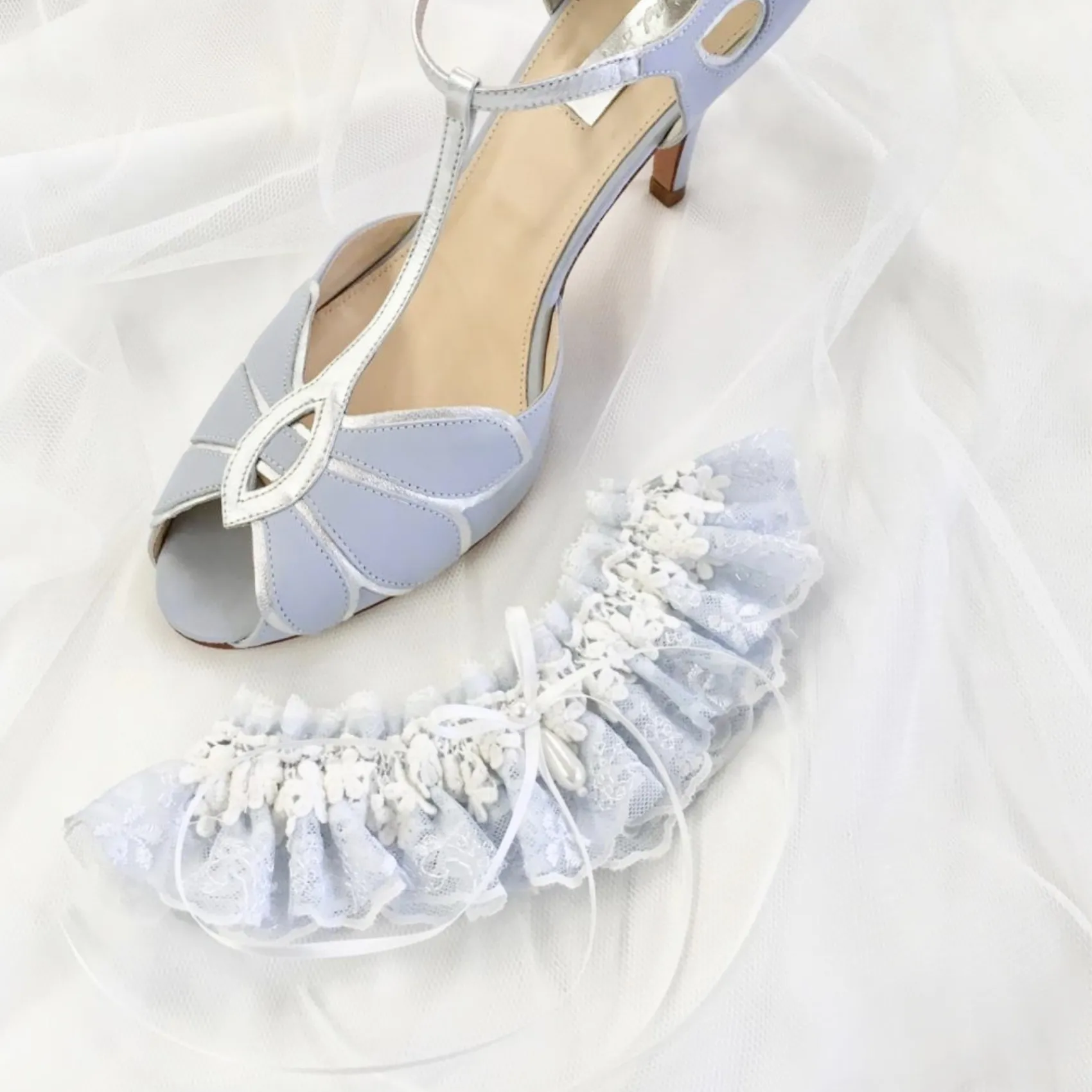 Boudoir Couture Something Blue Gifts | Bride Gifts*Eternity Powder Blue and Ivory Floral Lace Garter with Pearl Droplet Powder Blue/ Ivory