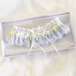 Boudoir Couture Something Blue Gifts | Bride Gifts*Eternity Powder Blue and Ivory Floral Lace Garter with Pearl Droplet Powder Blue/ Ivory