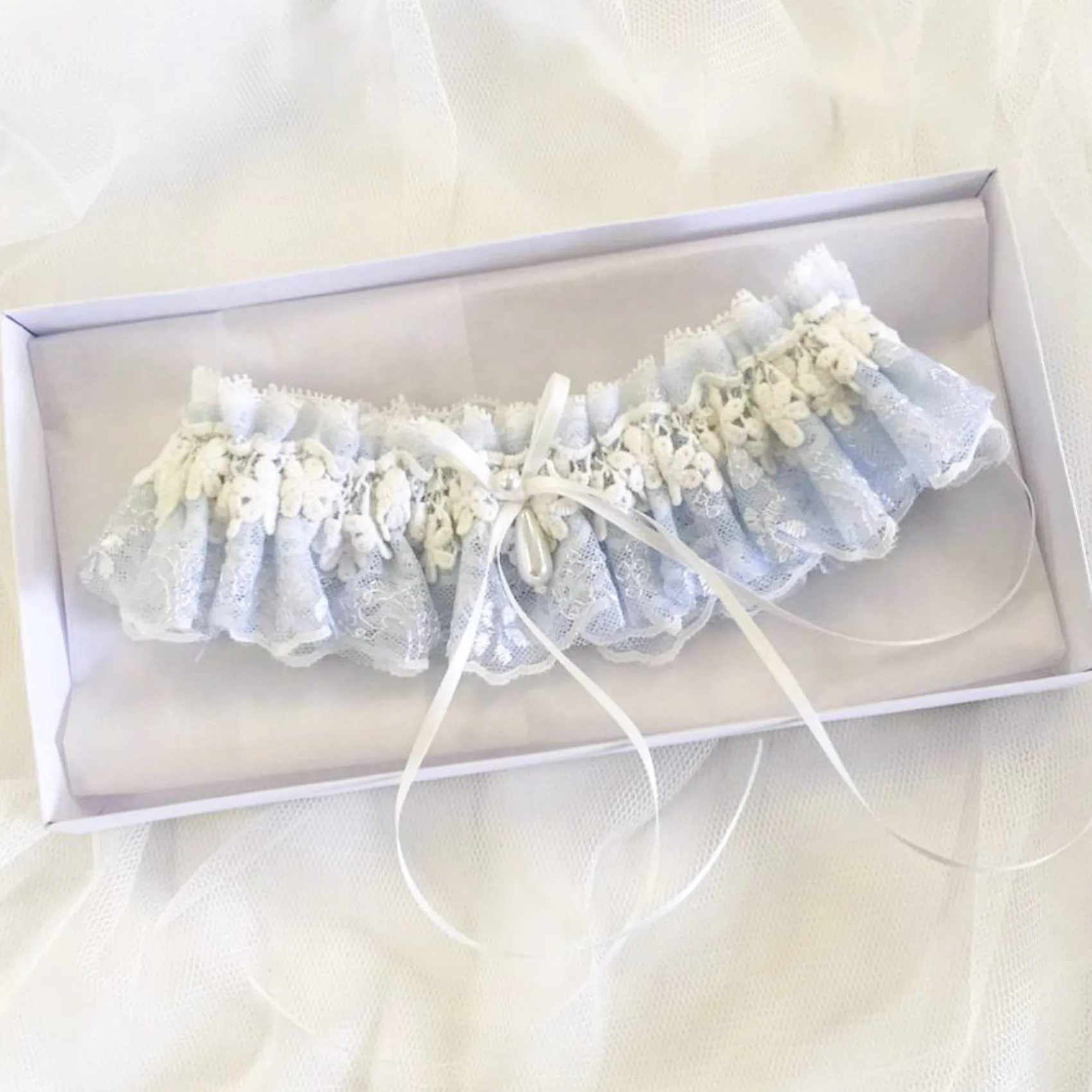 Boudoir Couture Something Blue Gifts | Bride Gifts*Eternity Powder Blue and Ivory Floral Lace Garter with Pearl Droplet Powder Blue/ Ivory