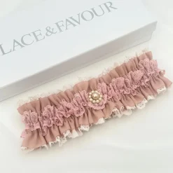 Boudoir Couture Bride Gifts | Bridal Garters*Fantasy Dusky Rose Lace Vintage Wedding Garter with Pearl Trim Dusky Rose/ Nude
