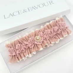 Boudoir Couture Bride Gifts | Bridal Garters*Fantasy Dusky Rose Lace Vintage Wedding Garter with Pearl Trim Dusky Rose/ Nude