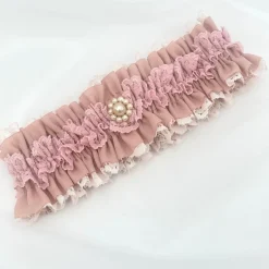 Boudoir Couture Bride Gifts | Bridal Garters*Fantasy Dusky Rose Lace Vintage Wedding Garter with Pearl Trim Dusky Rose/ Nude