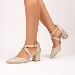 Paradox London Sparkly Prom Shoes | Gold Prom Shoes*Farrah Glitter Wide Fit Cross Strap Block Heels Champagne