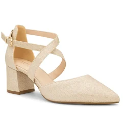 Paradox London Sparkly Prom Shoes | Gold Prom Shoes*Farrah Glitter Wide Fit Cross Strap Block Heels Champagne