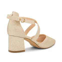 Paradox London Sparkly Prom Shoes | Gold Prom Shoes*Farrah Glitter Wide Fit Cross Strap Block Heels Champagne