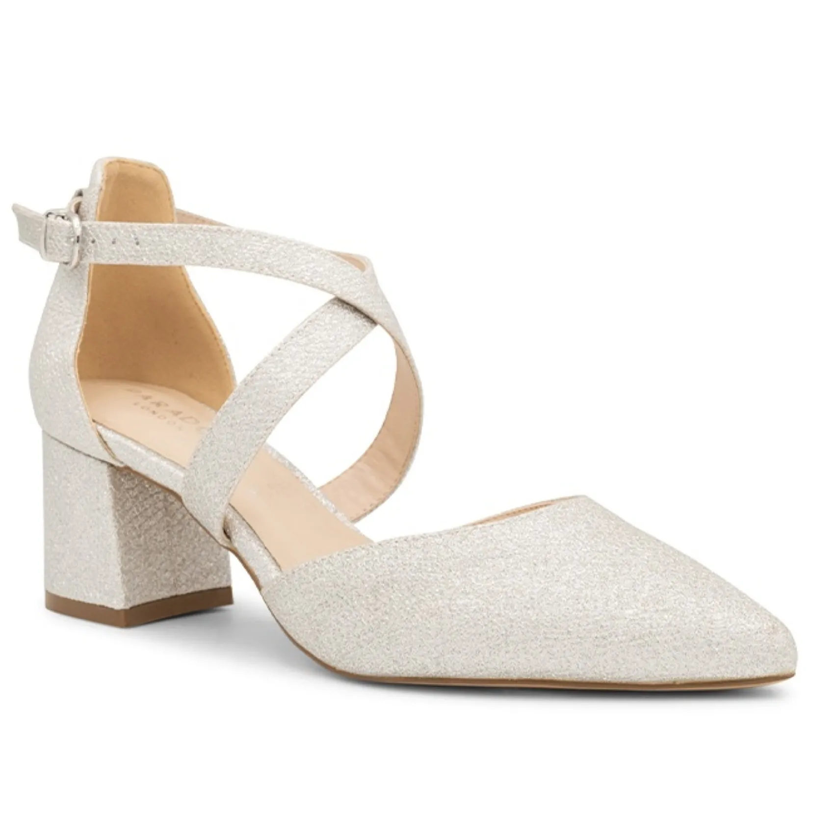 Paradox London Sparkly Prom Shoes | Silver Prom Shoes*Farrah Glitter Wide Fit Cross Strap Block Heels Silver