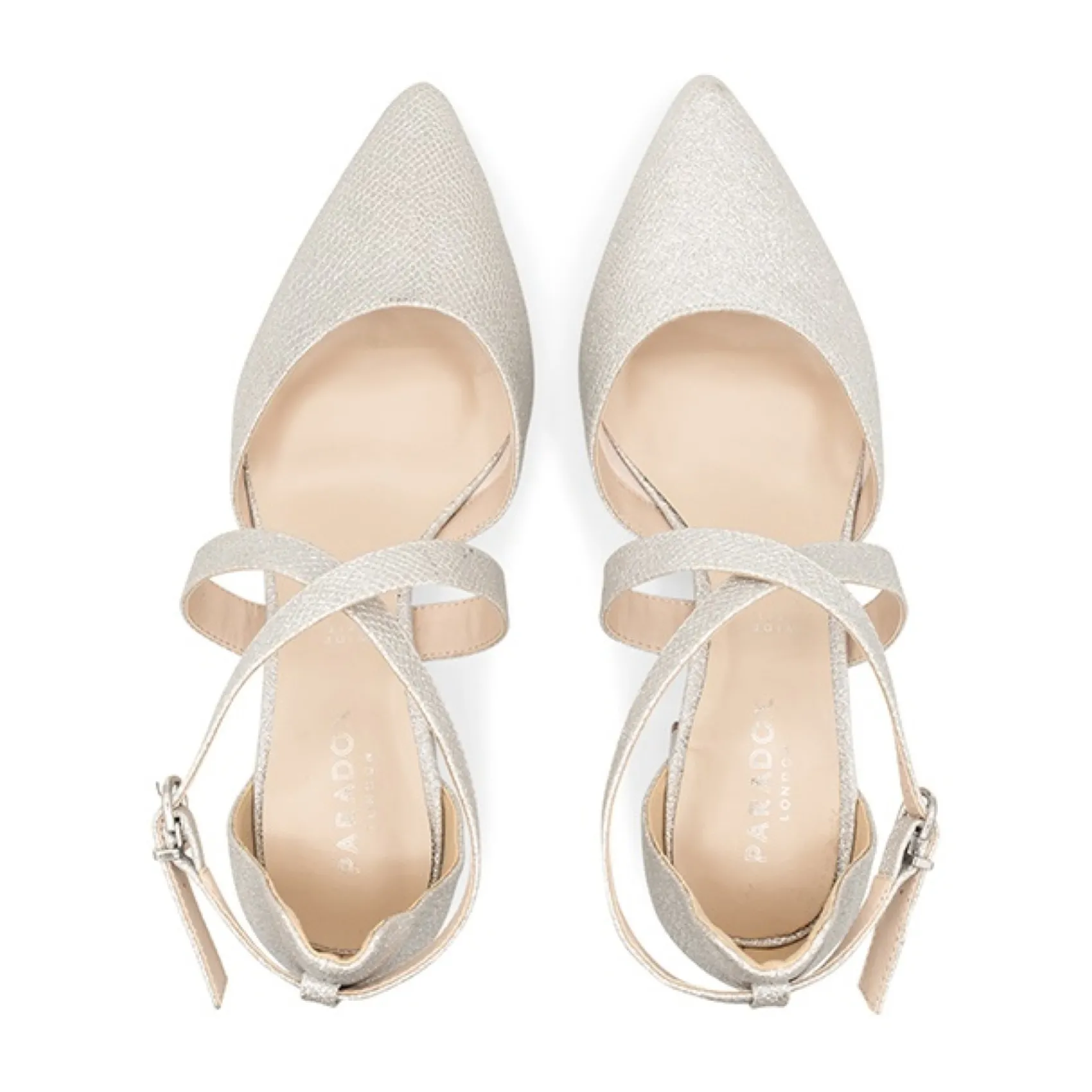 Paradox London Sparkly Prom Shoes | Silver Prom Shoes*Farrah Glitter Wide Fit Cross Strap Block Heels Silver