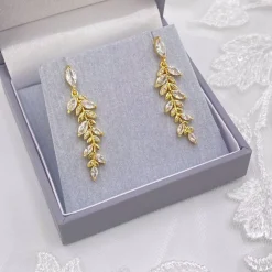 Lace & Favour Crystal Jewellery | Gold Wedding Jewellery*Fern Sparkly Crystal Leaves Earrings Gold