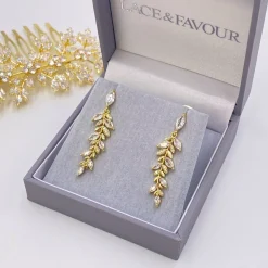 Lace & Favour Crystal Jewellery | Gold Wedding Jewellery*Fern Sparkly Crystal Leaves Earrings Gold