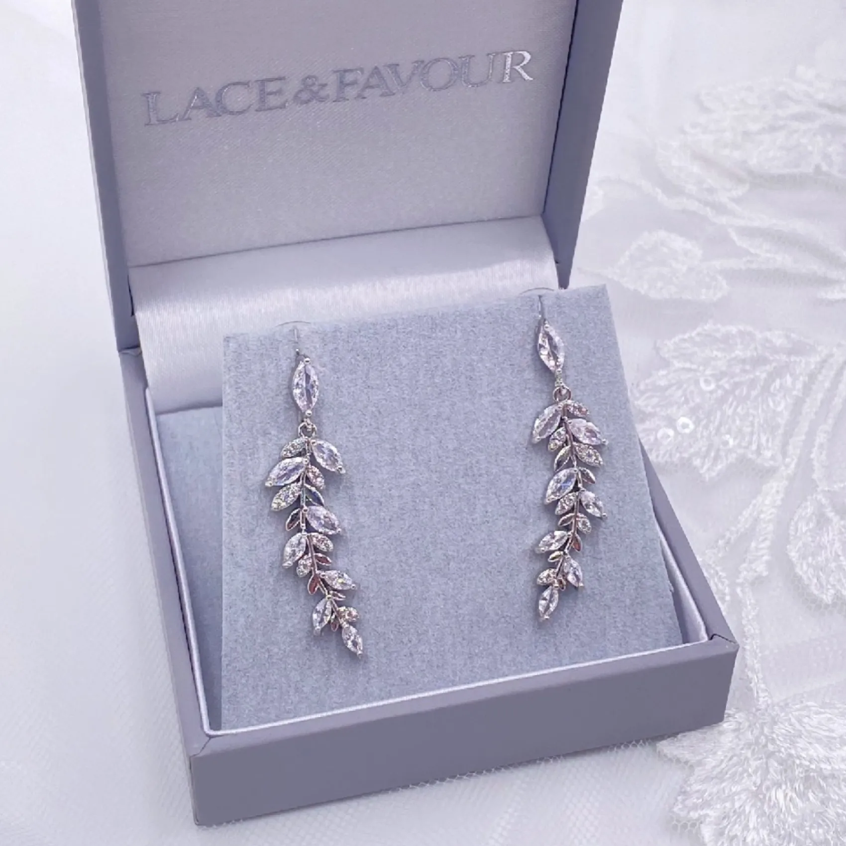 Lace & Favour Silver Prom Jewellery | Prom Earrings*Fern Sparkly Crystal Leaves Earrings Silver