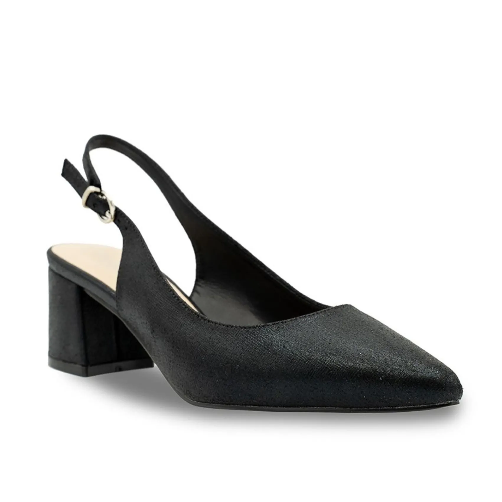 Paradox London Sparkly Prom Shoes | Low Heel Prom Shoes*Flynn Shimmer Wide Fit Low Block Heel Slingbacks Black