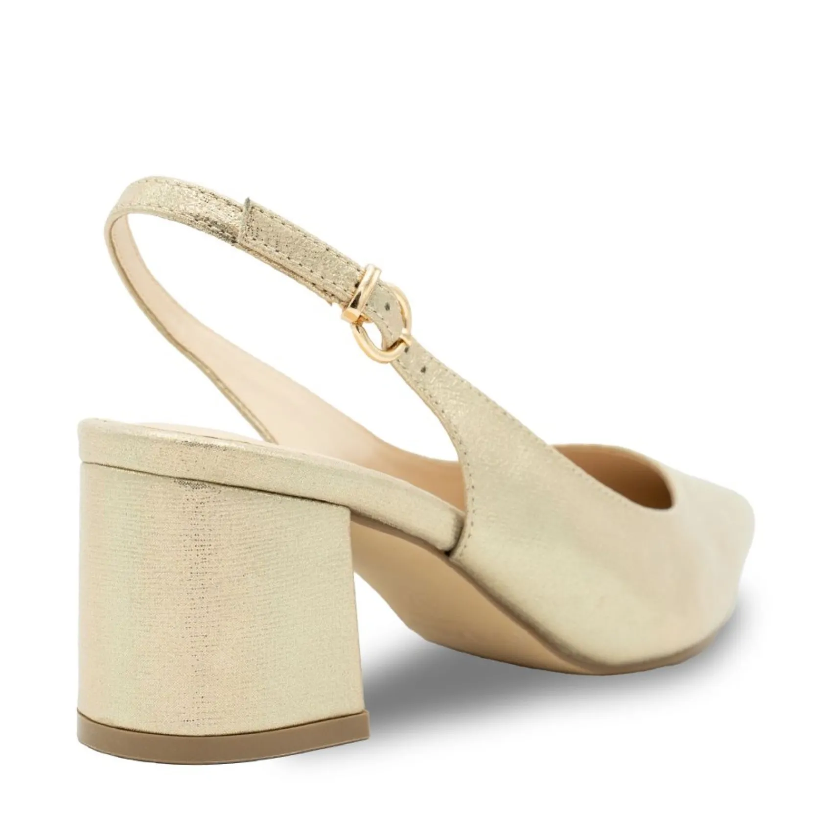 Paradox London Sparkly Prom Shoes | Gold Prom Shoes*Flynn Shimmer Wide Fit Low Block Heel Slingbacks Champagne