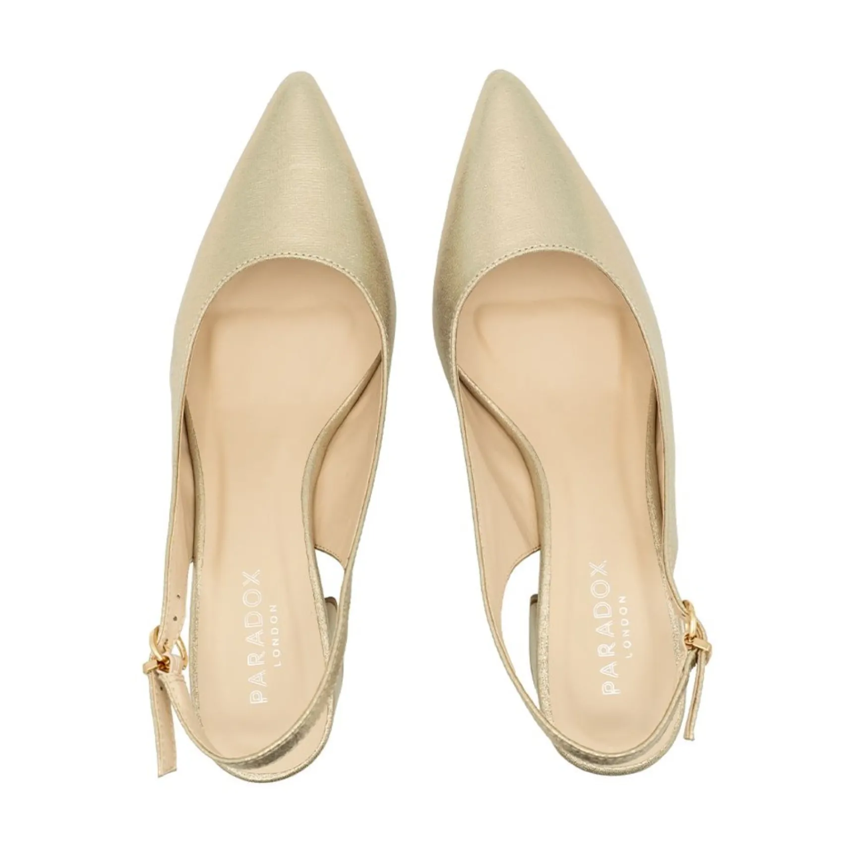 Paradox London Sparkly Prom Shoes | Gold Prom Shoes*Flynn Shimmer Wide Fit Low Block Heel Slingbacks Champagne
