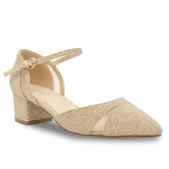Paradox London Sparkly Prom Shoes | Gold Prom Shoes*Frankie Glitter Wide Fit Low Block Heel Court Shoes Champagne
