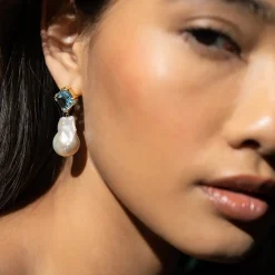 Freya Rose Something Blue Gifts | Gemstone Jewellery*Blue Topaz Baroque Pearl Drop Earrings Blue/ Ivory/ Gold