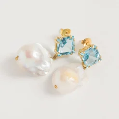 Freya Rose Something Blue Gifts | Gemstone Jewellery*Blue Topaz Baroque Pearl Drop Earrings Blue/ Ivory/ Gold