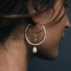 Freya Rose Pearl Jewellery | Rose Gold Wedding Jewellery*Boho Rose Gold Pearly Drop Hoop Earrings