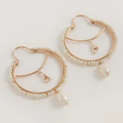 Freya Rose Pearl Jewellery | Rose Gold Wedding Jewellery*Boho Rose Gold Pearly Drop Hoop Earrings